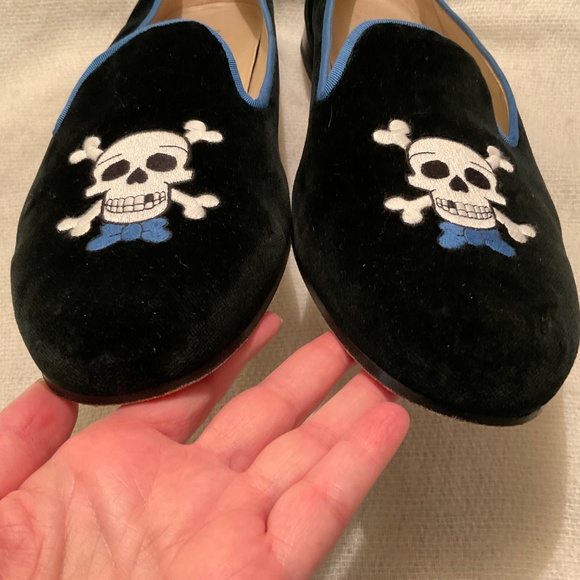 Stubbs & Wootton Skull Blue Bow Tie Black Velvet Loafer Slipper Mens Shoes Sz 13 - Picture 3 of 12